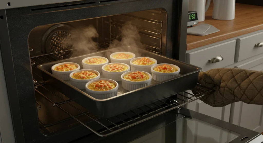 Crab Brulee ramekins in a water bath being placed in a preheated oven at 325°F, surrounded by a cozy kitchen setting.