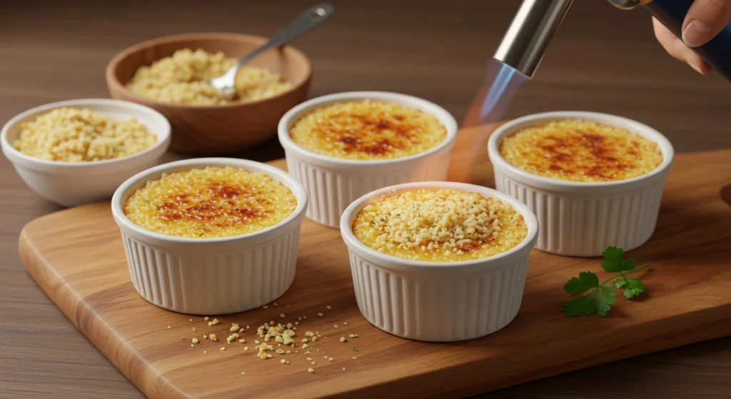 A close-up of a kitchen torch caramelizing the topping of a Crab Brulee in a ramekin, creating a golden-brown crust with a glossy finish.