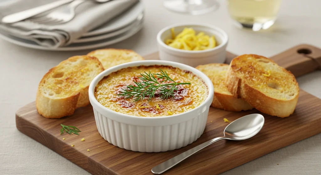 A golden-brown Crab Brulee served in a white ramekin, garnished with a sprig of fresh dill, accompanied by toasted baguette slices on a rustic wooden board.