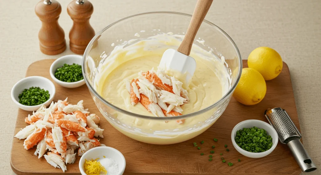 Preparation of crab mixture for Crab Brulee, with a creamy custard base being mixed with fresh lump crab meat, herbs, and lemon zest in a large bowl.