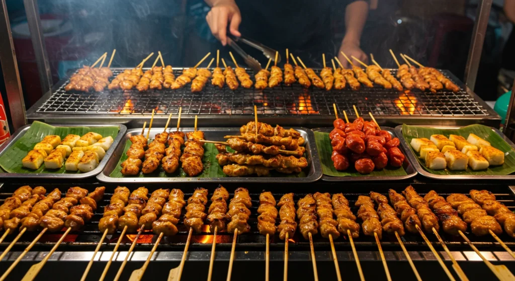  Grilled Asian street meat skewers sizzling in a vibrant night market with colorful lights and fresh herbs.