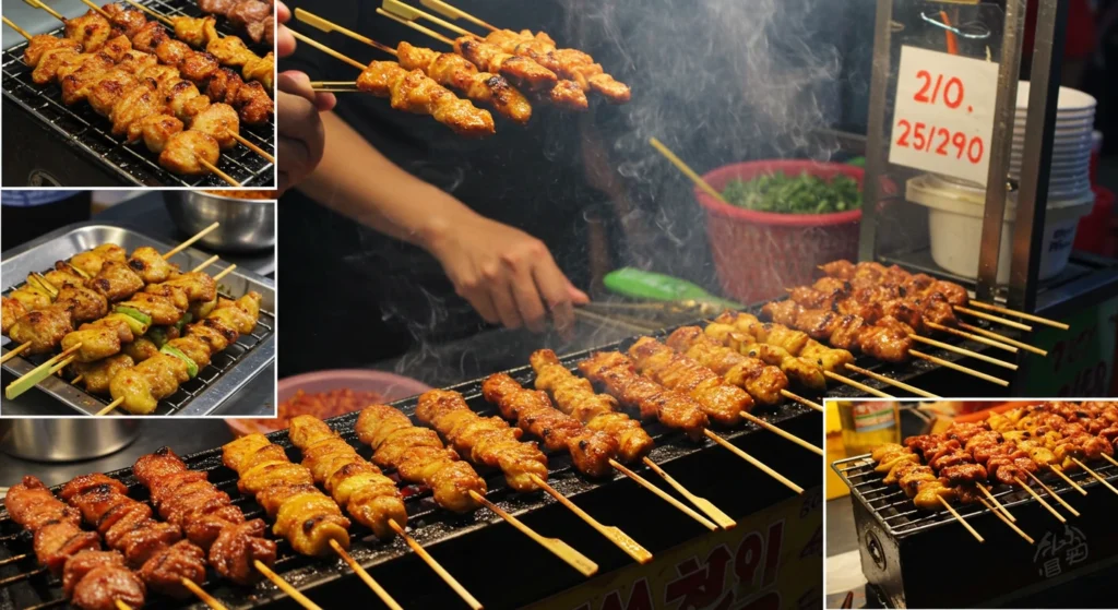 Grilled Asian street meat skewers sizzling on a vibrant market stall, surrounded by fresh herbs and spices.