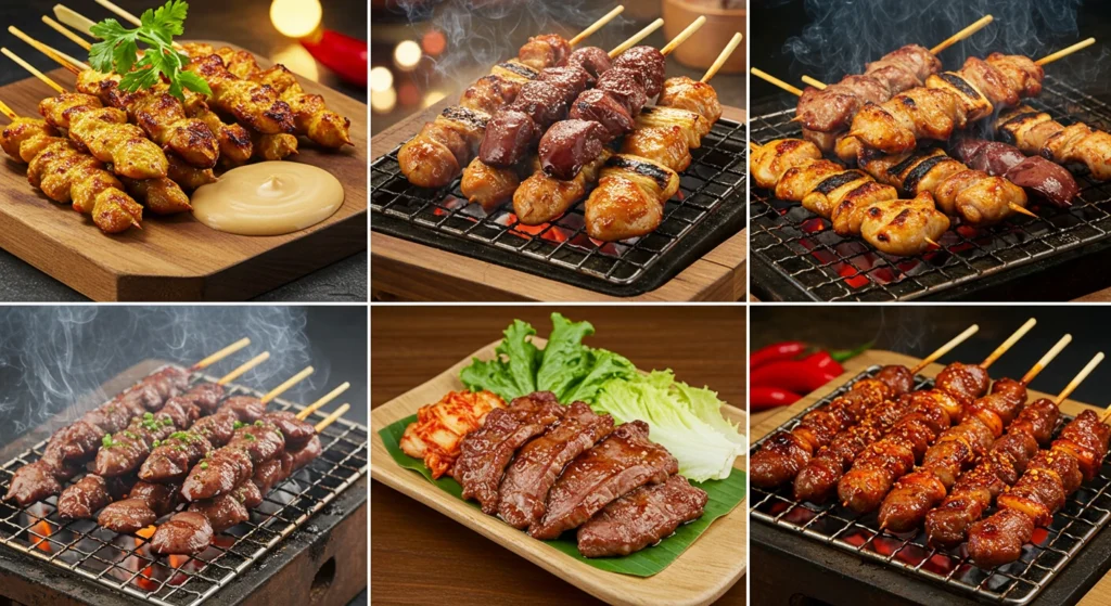 A variety of grilled Asian street meat dishes including satay skewers, yakitori, bulgogi, and Chinese chuan on a bustling street market stall.