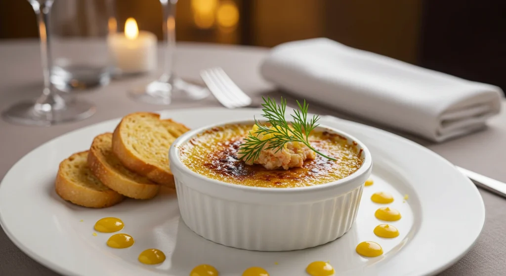 A gourmet Crab Brulee served in a white ramekin with a golden caramelized crust, garnished with fresh dill and lemon zest, accompanied by toasted baguette slices on an elegant white plate.