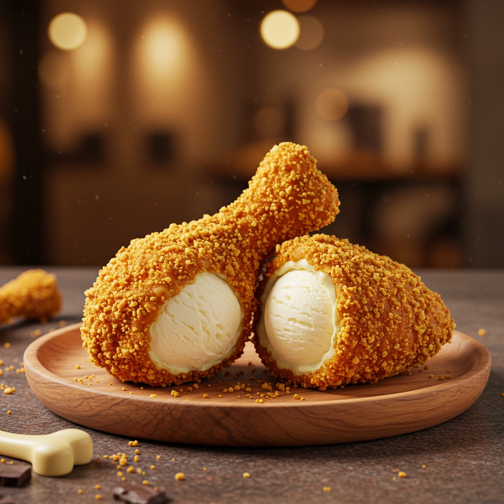 Fried chicken ice cream with a crispy golden coating, creamy vanilla center, and a chocolate bone, served on a rustic plate.