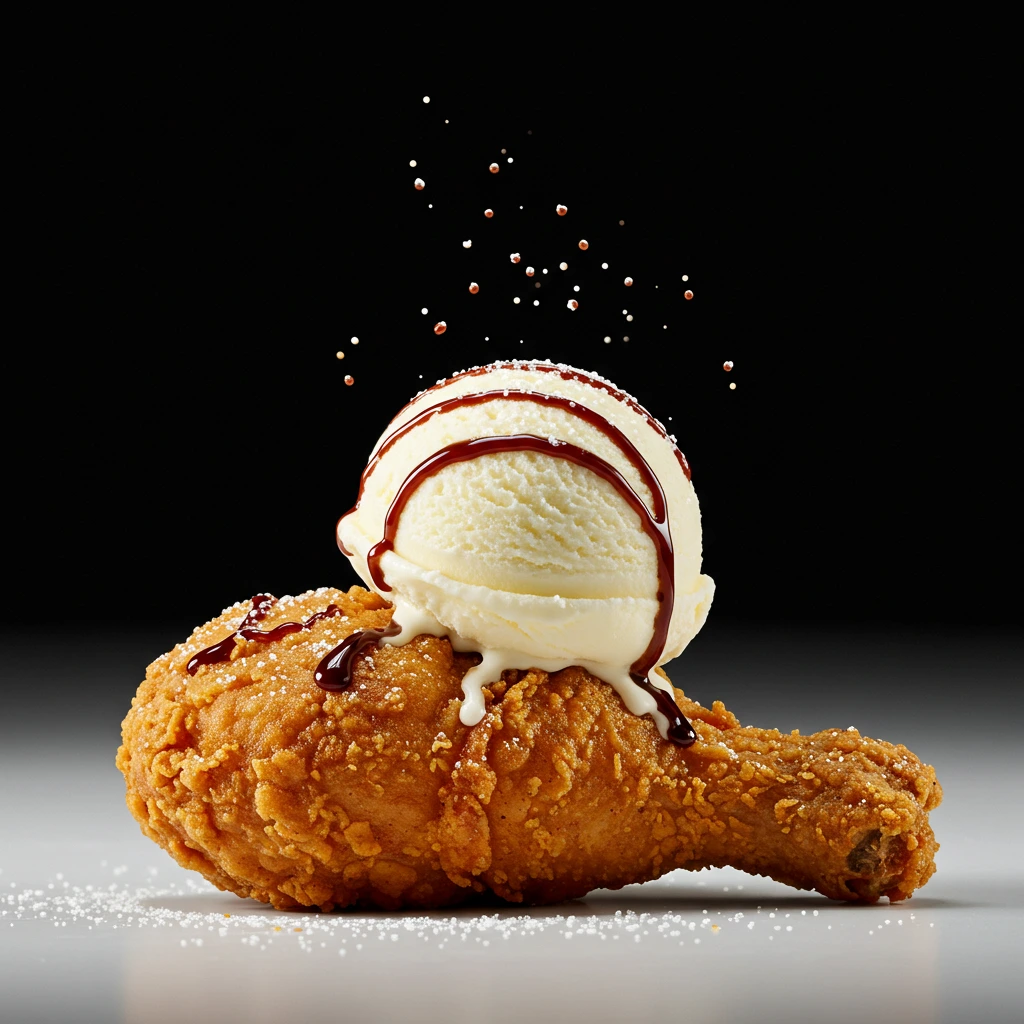 Fried chicken ice cream with a crunchy golden coating and a chocolate bone on a rustic plate.