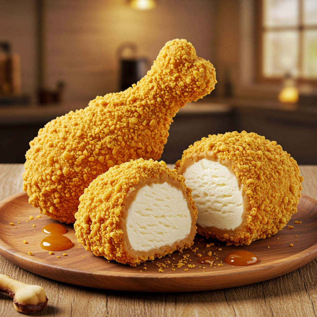 Realistic fried chicken ice cream with a golden crunchy coating, creamy vanilla center, and a chocolate bone on a rustic plate.