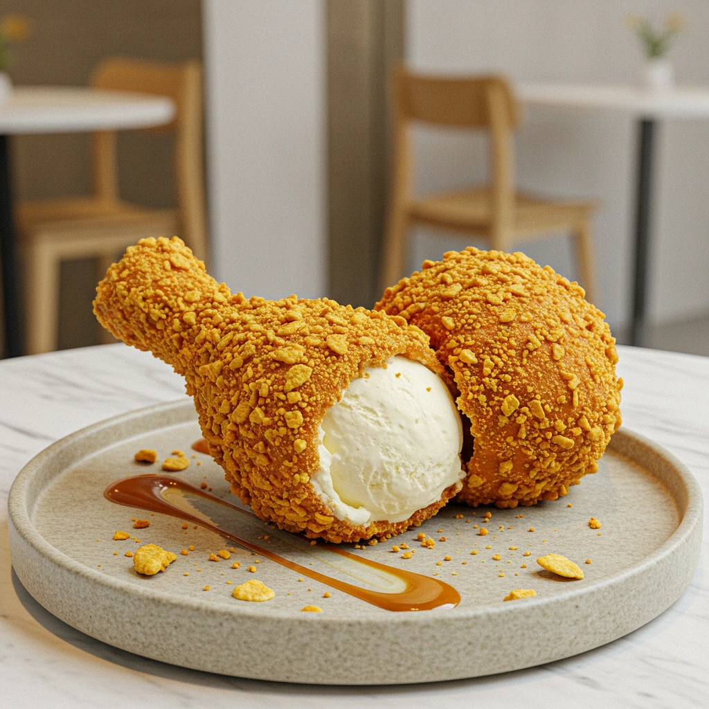 Fried chicken ice cream with a crunchy golden coating, creamy vanilla center, and a chocolate bone, presented on a sleek modern plate.