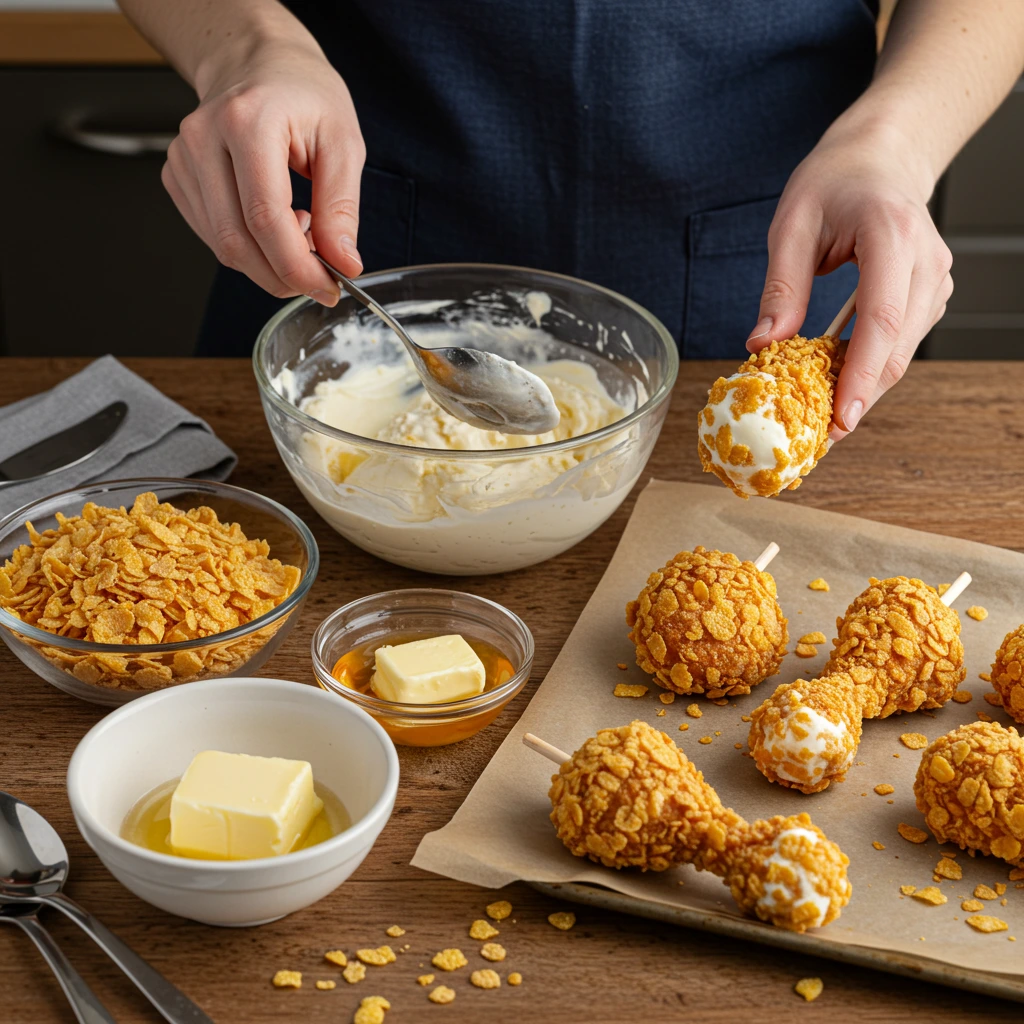 Step-by-step process of making homemade fried chicken ice cream, with ice cream drumsticks being dipped in honey butter and rolled in cornflakes.