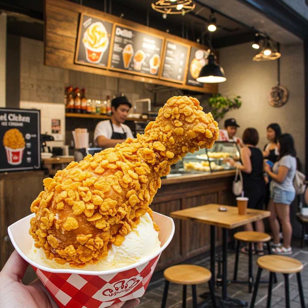 Fried chicken ice cream dessert with a crispy cornflake coating and chocolate bone, served in a trendy dessert shop.