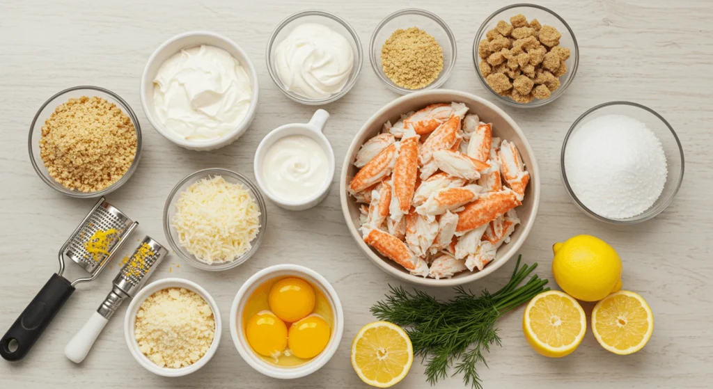 Ingredients for Crab Brulee, including lump crab meat, heavy cream, egg yolks, Parmesan cheese, panko breadcrumbs, sugar, fresh herbs, and lemon zest, arranged on a rustic surface.