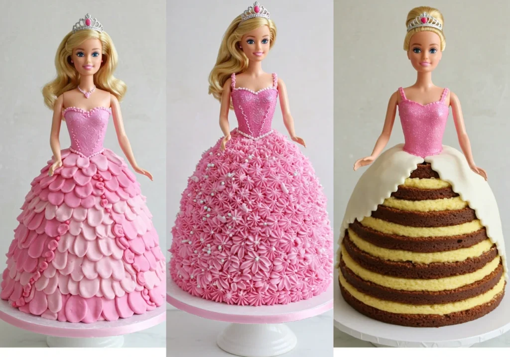 Three Barbie-themed cakes: Classic Barbie Doll Cake, Pink Princess Barbie Cake with edible glitter, and Layered Barbie Doll Cake with vanilla and chocolate layers.