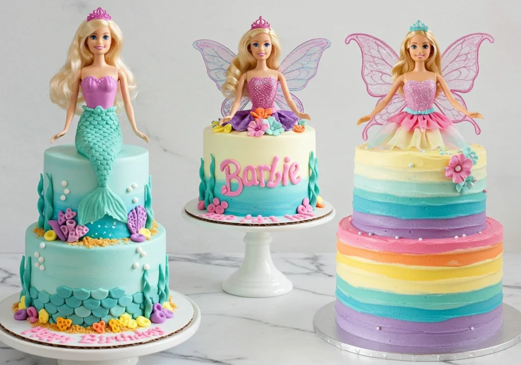 Three unique Barbie cakes: Mermaid Barbie Cake, Fairy Tale Barbie Cake with edible wings, and Rainbow Barbie Cake with colorful layers.