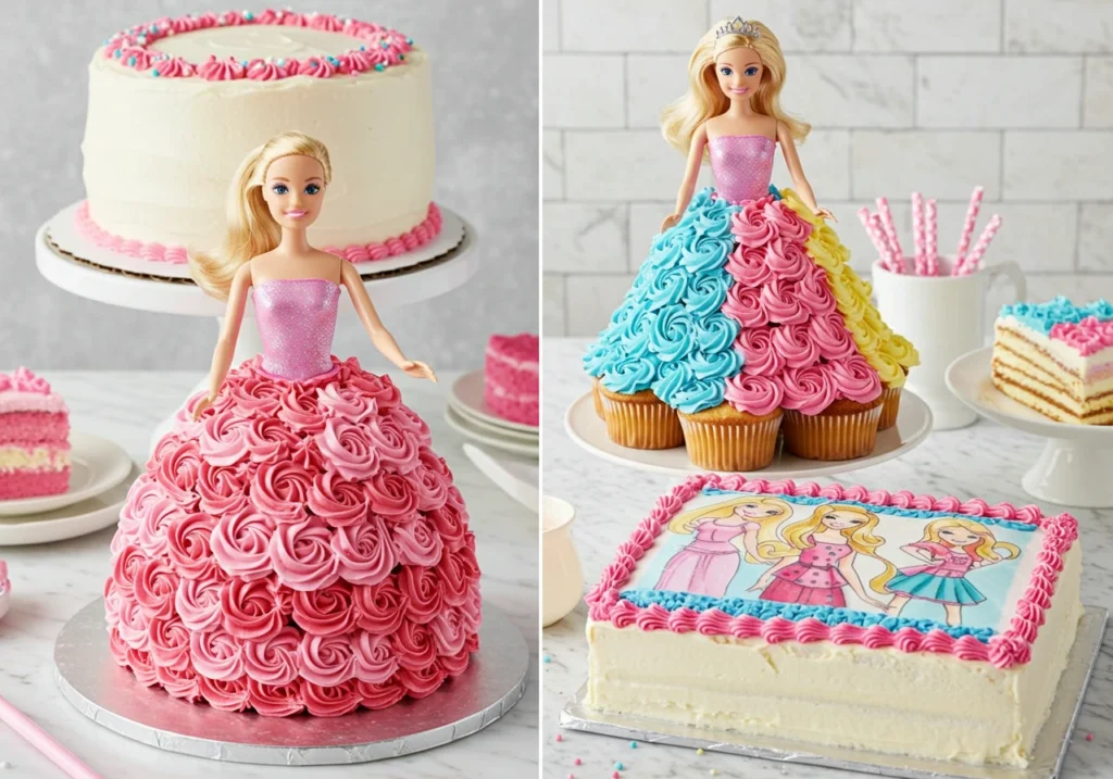 Three DIY Barbie cakes for beginners: No-Bake Barbie Cake, Mini Barbie Cupcake Tower, and Barbie Sheet Cake with edible prints.