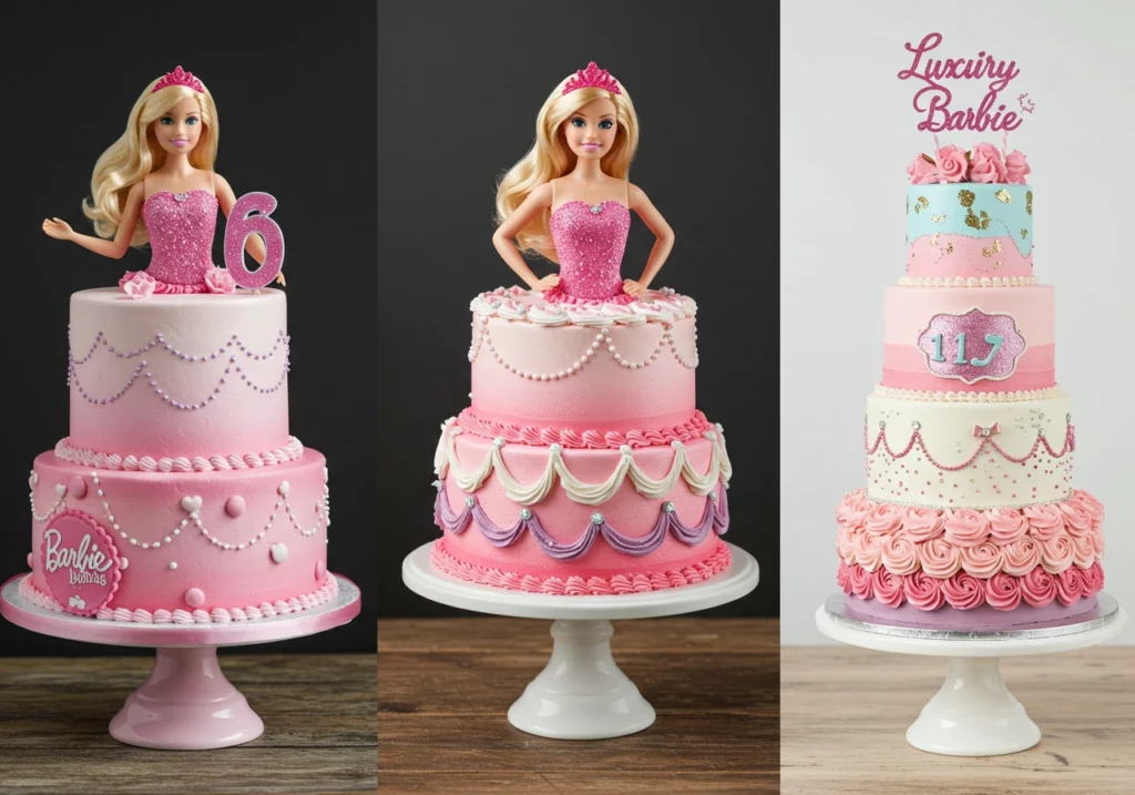 Three Barbie cake ideas for different budgets: budget-friendly, mid-range, and luxury cakes.