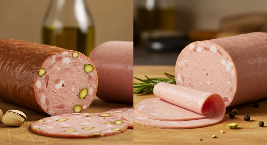 Side-by-side view of traditional Italian mortadella and modern American bologna slices with ingredients like pork, beef, and spices.