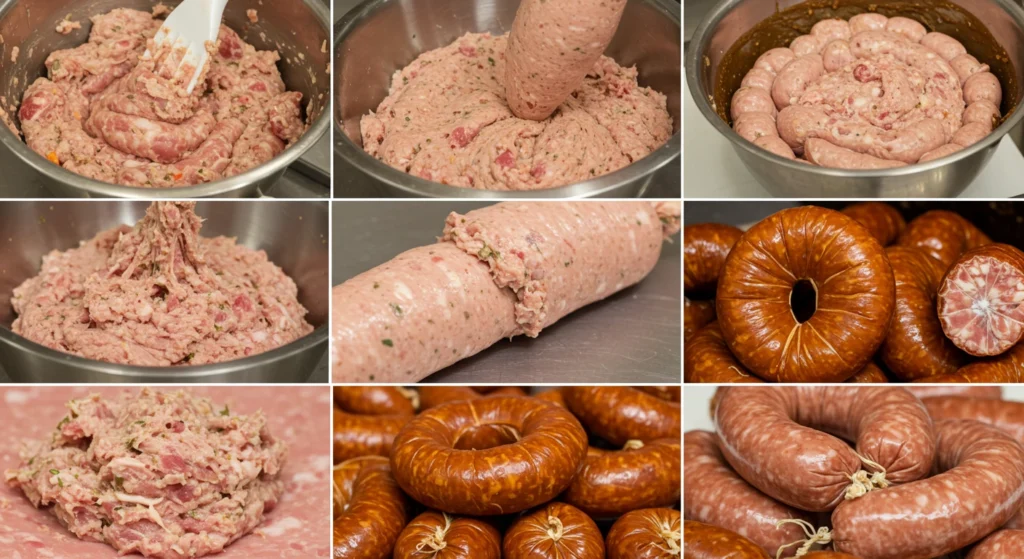 Close-up of bologna production process: grinding meats, emulsifying, filling into casings, and smoking, with different bologna types displayed.