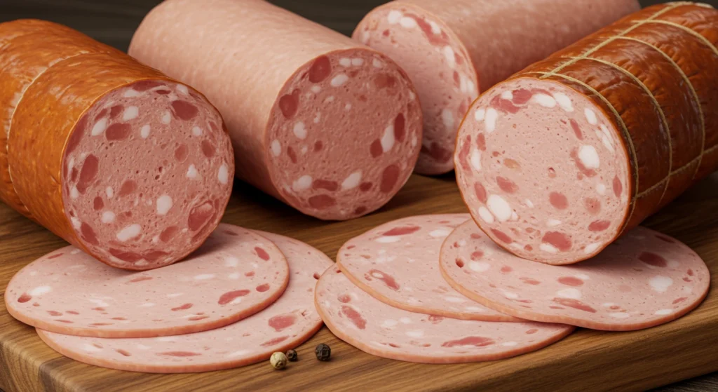 Various types of bologna meat: traditional, ring, mortadella, turkey, and plant-based bologna slices on a cutting board.