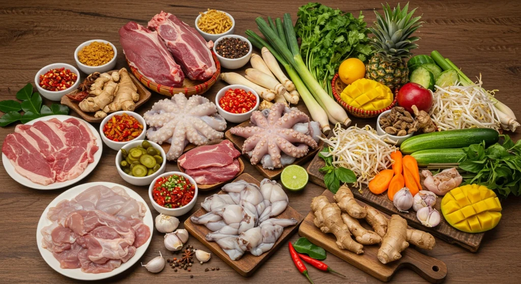 A vibrant display of Asian street meat ingredients, including spices, exotic meats, fresh produce, and herbs, arranged on a rustic wooden table.