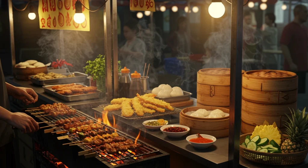 Asian street food market at golden hour with vendors grilling skewers, frying tempura, and steaming dumplings, surrounded by fresh herbs, colorful spices, and glowing string lights