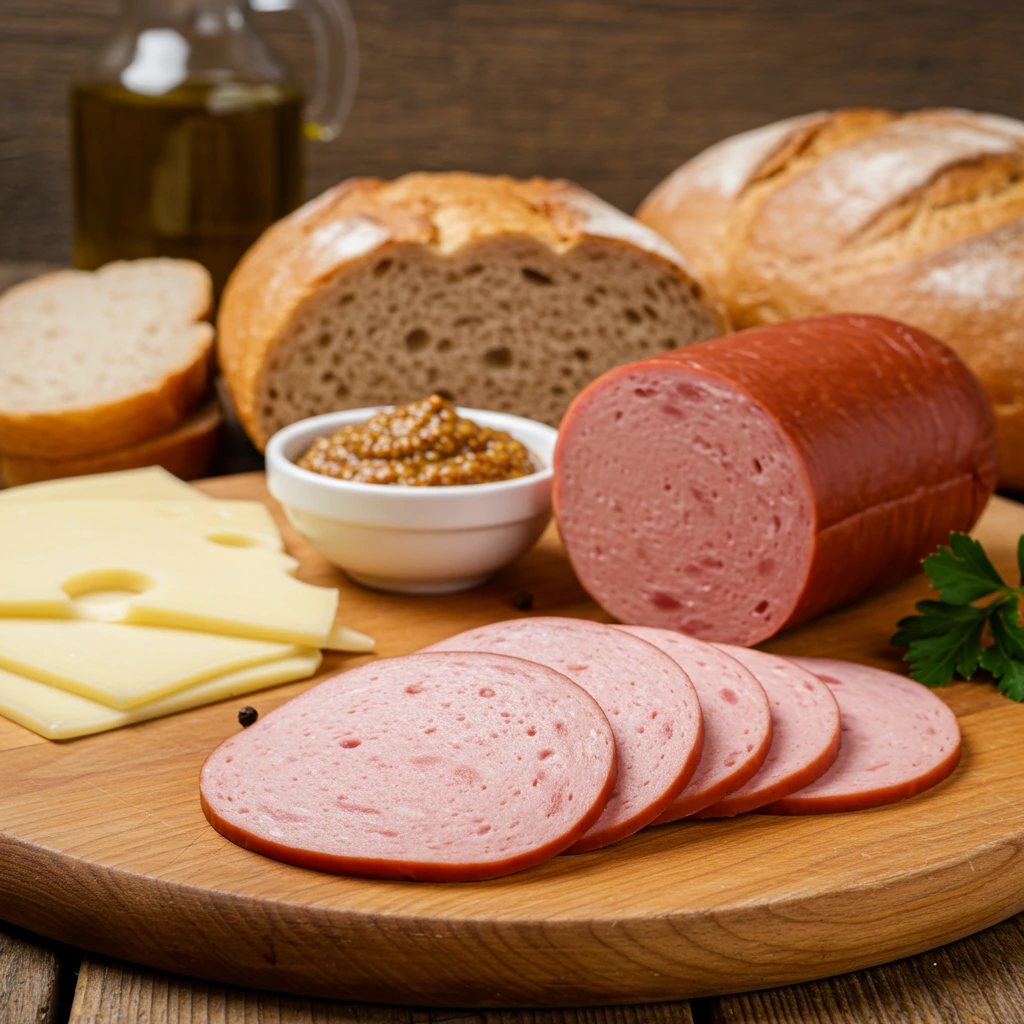 Neatly arranged bologna slices on a wooden cutting board with bread, mustard, and cheese in a rustic kitchen setting.